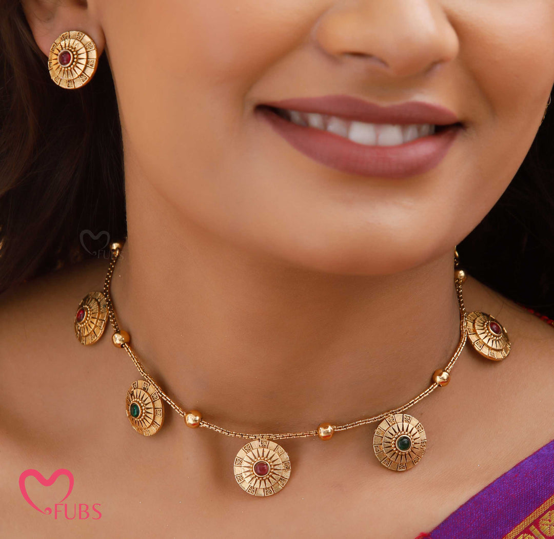 Antique Coin Necklace Set with Stud Earrings