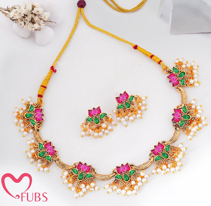 Floral Pearl Drop Necklace Set with Earrings