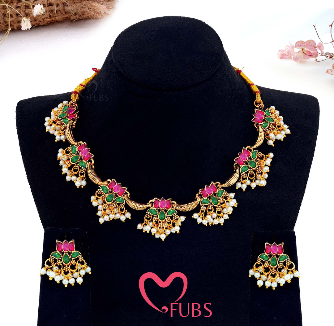 Floral Pearl Drop Necklace Set with Earrings