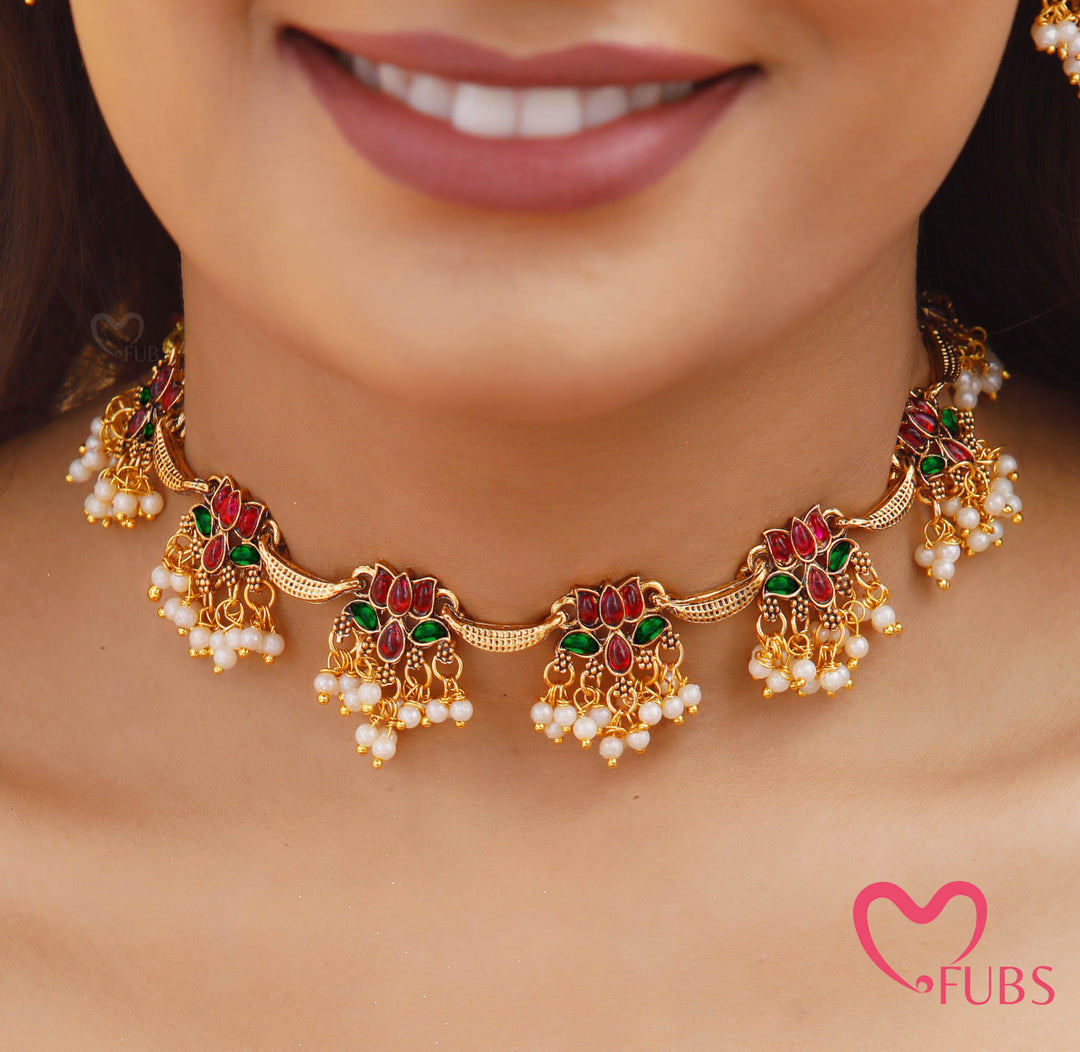 Floral Pearl Drop Necklace Set with Earrings