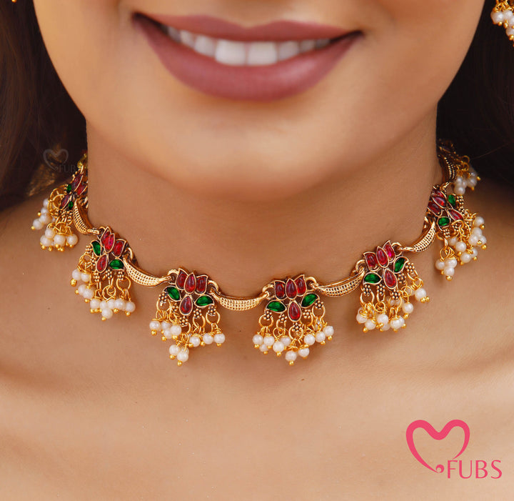 Floral Pearl Drop Necklace Set with Earrings