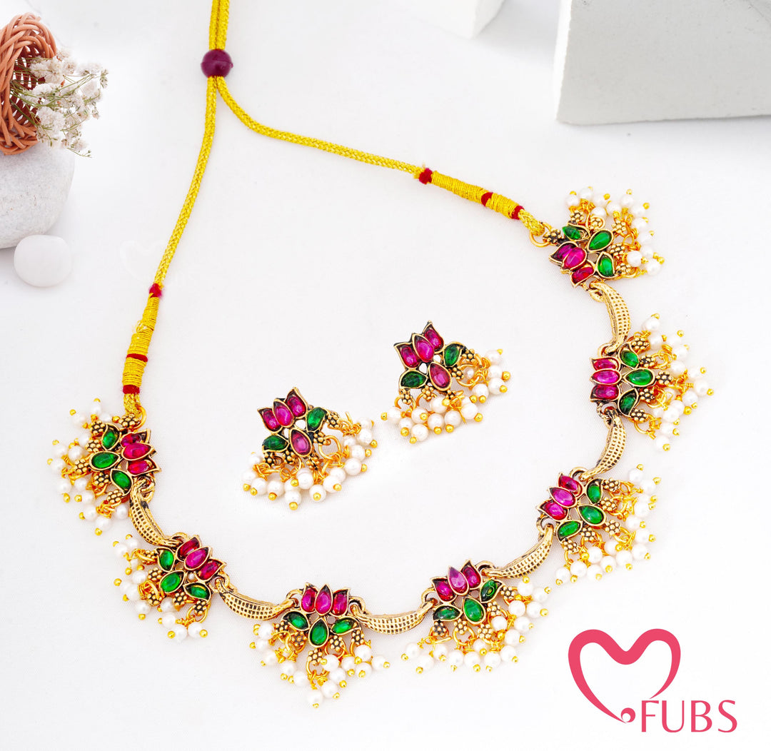 Floral Pearl Drop Necklace Set with Earrings