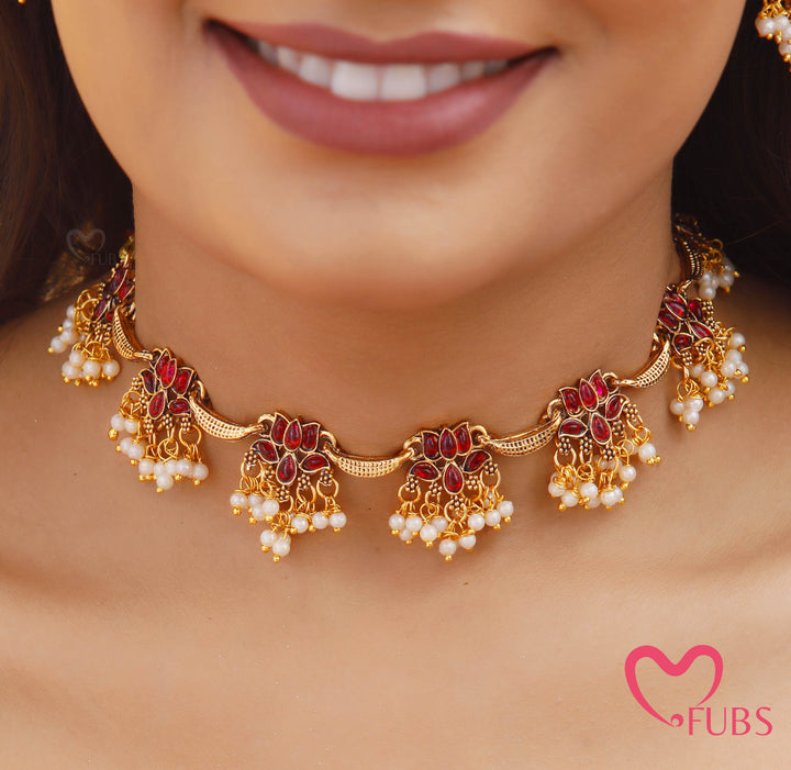 Floral Pearl Drop Necklace Set with Earrings