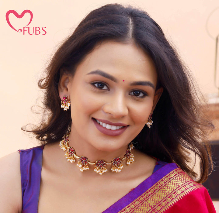 Floral Pearl Drop Necklace Set with Earrings