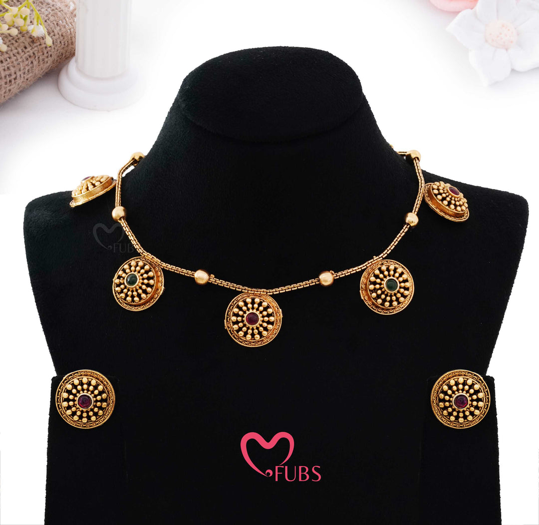 Traditional Antique Finish Coin Necklace Set with Stud Earrings