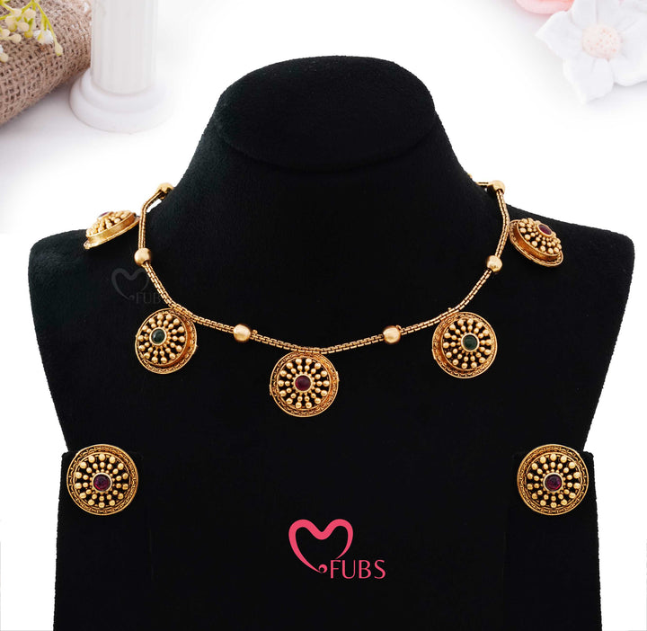 Traditional Antique Finish Coin Necklace Set with Stud Earrings
