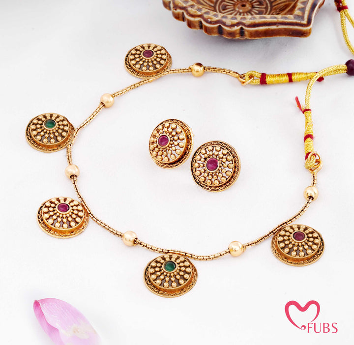 Traditional Antique Finish Coin Necklace Set with Stud Earrings