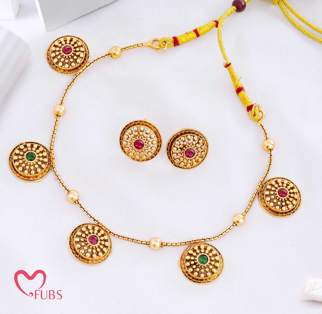 Traditional Antique Finish Coin Necklace Set with Stud Earrings