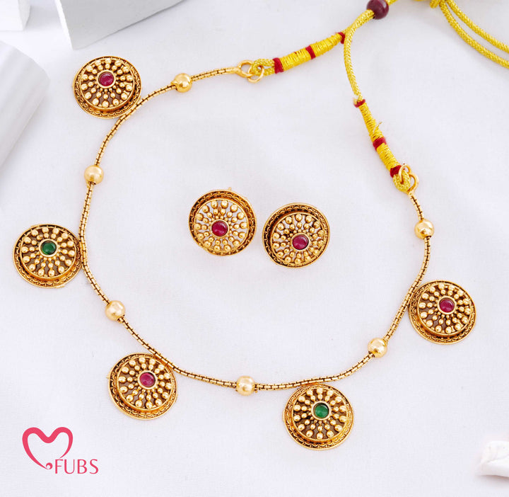 Traditional Antique Finish Coin Necklace Set with Stud Earrings