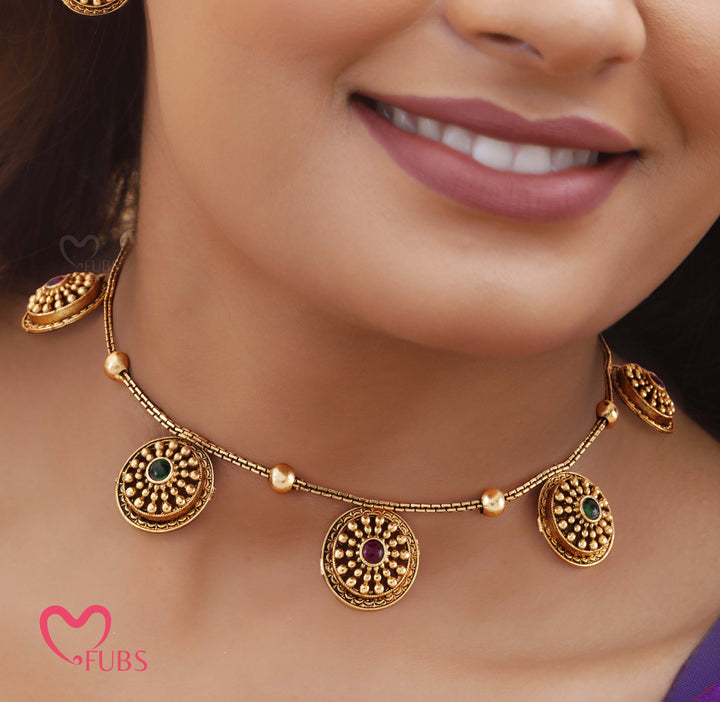 Traditional Antique Finish Coin Necklace Set with Stud Earrings