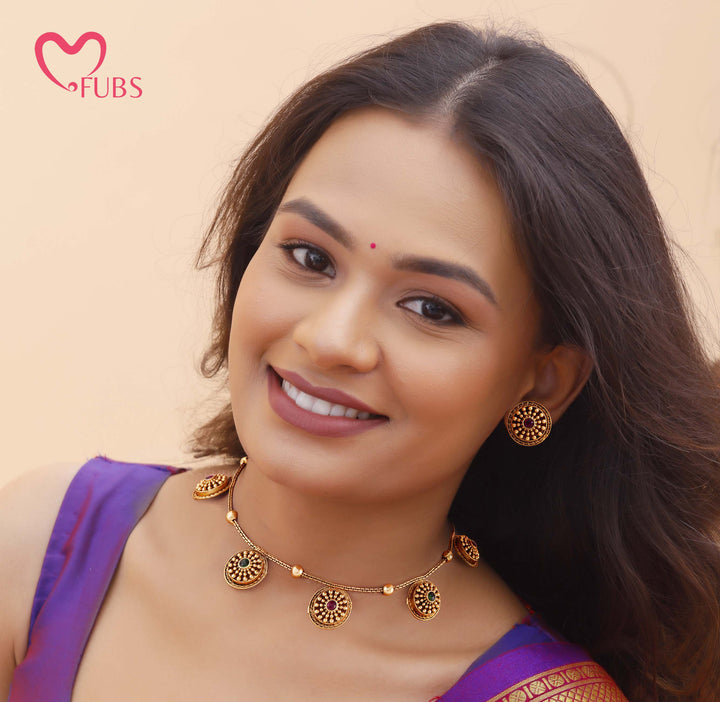 Traditional Antique Finish Coin Necklace Set with Stud Earrings