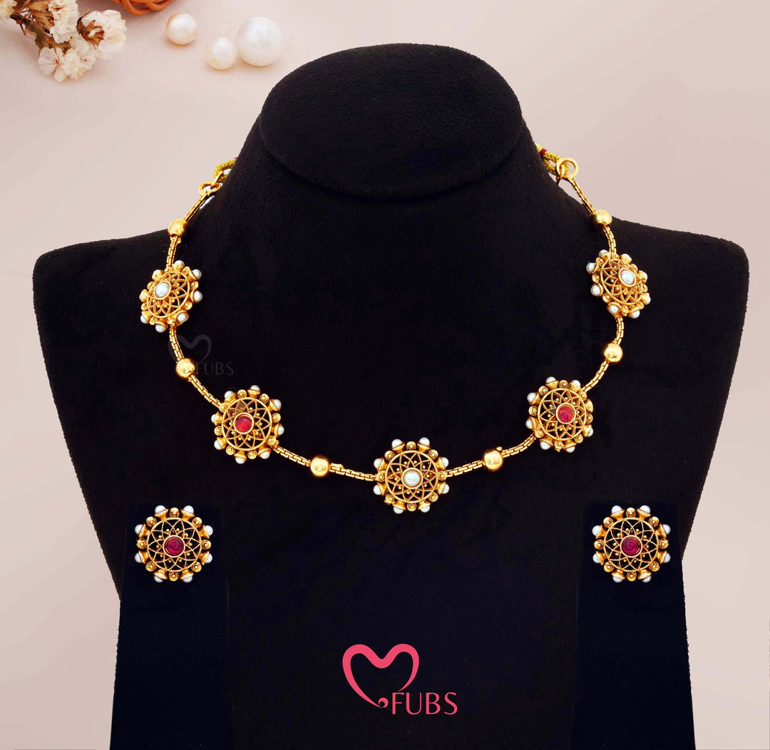 Traditional Round Motif Necklace Set with Earrings