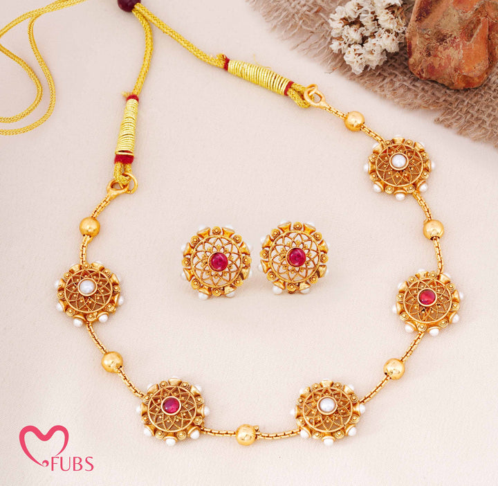 Traditional Round Motif Necklace Set with Earrings