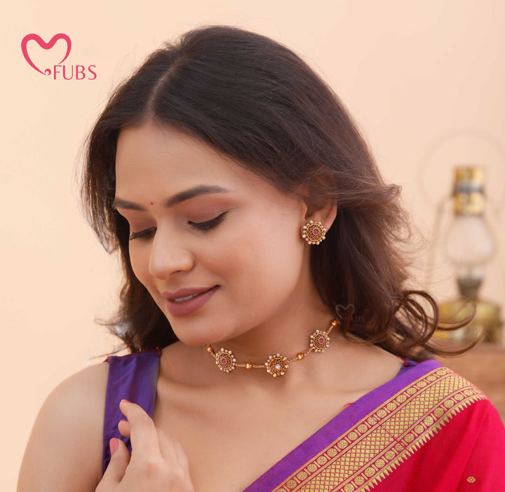 Traditional Round Motif Necklace Set with Earrings