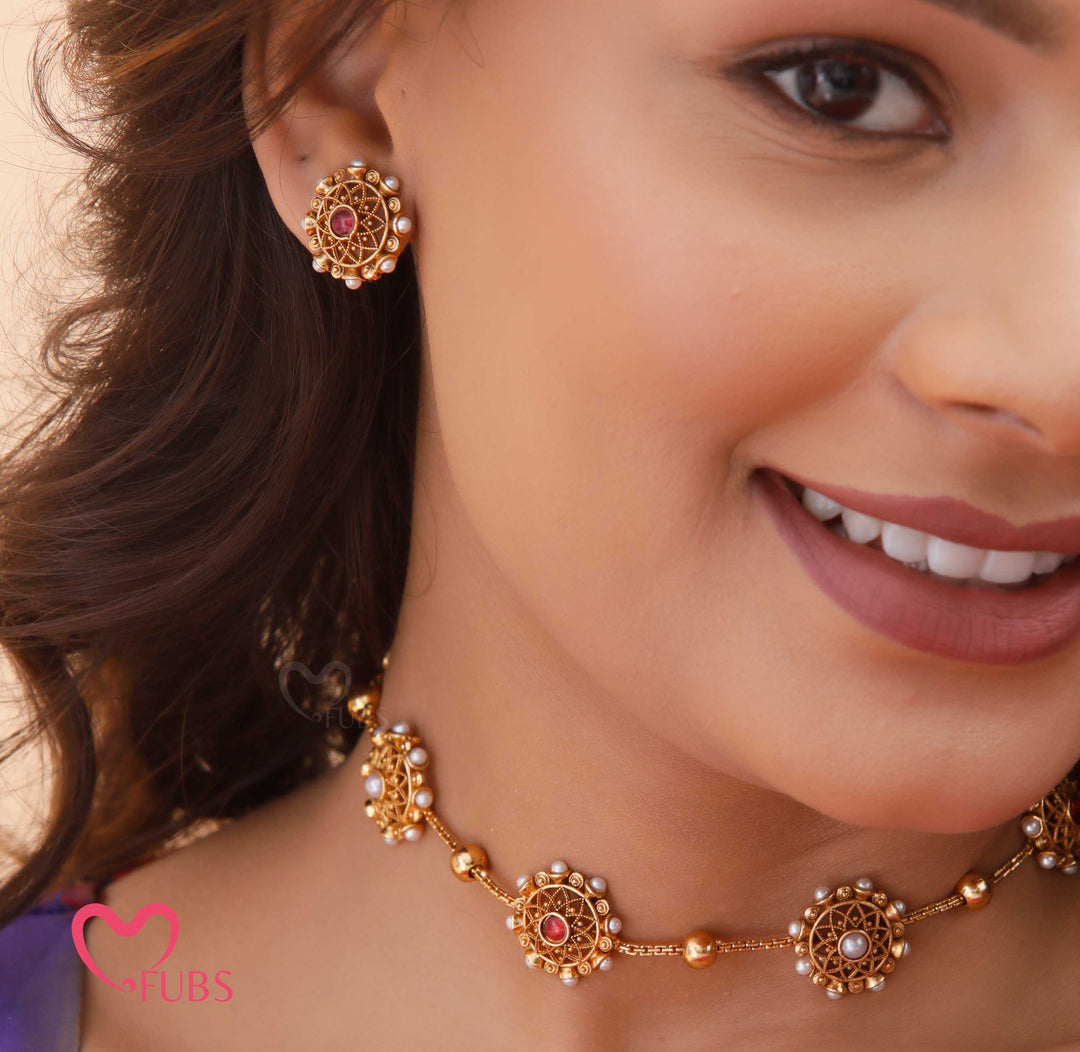 Traditional Round Motif Necklace Set with Earrings