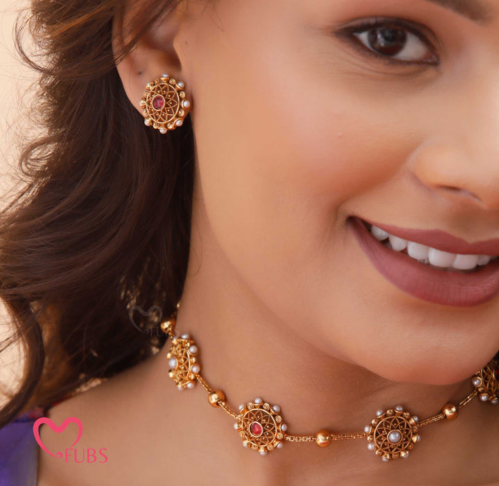 Traditional Round Motif Necklace Set with Earrings