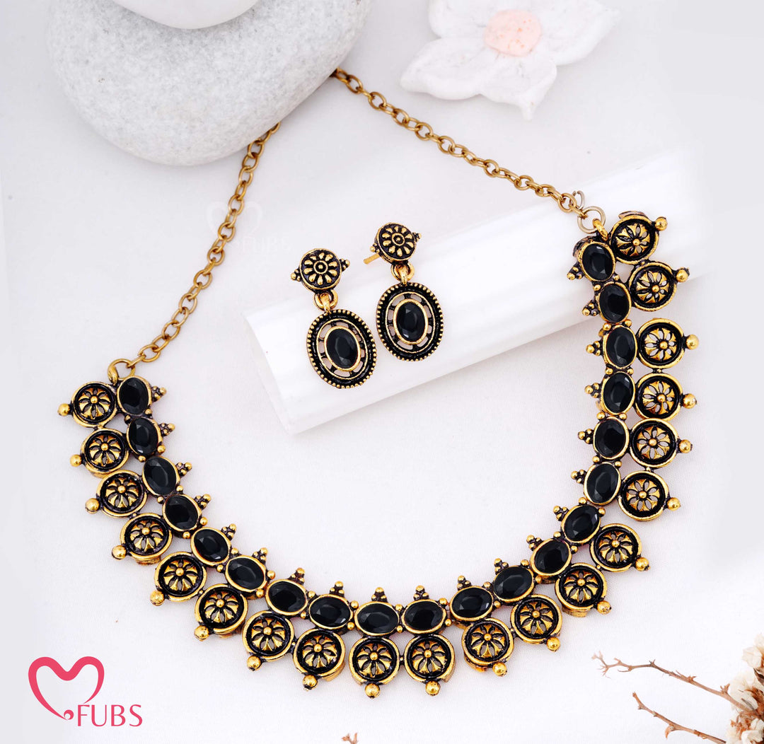Oxidized Motif Necklace Set with Earrings