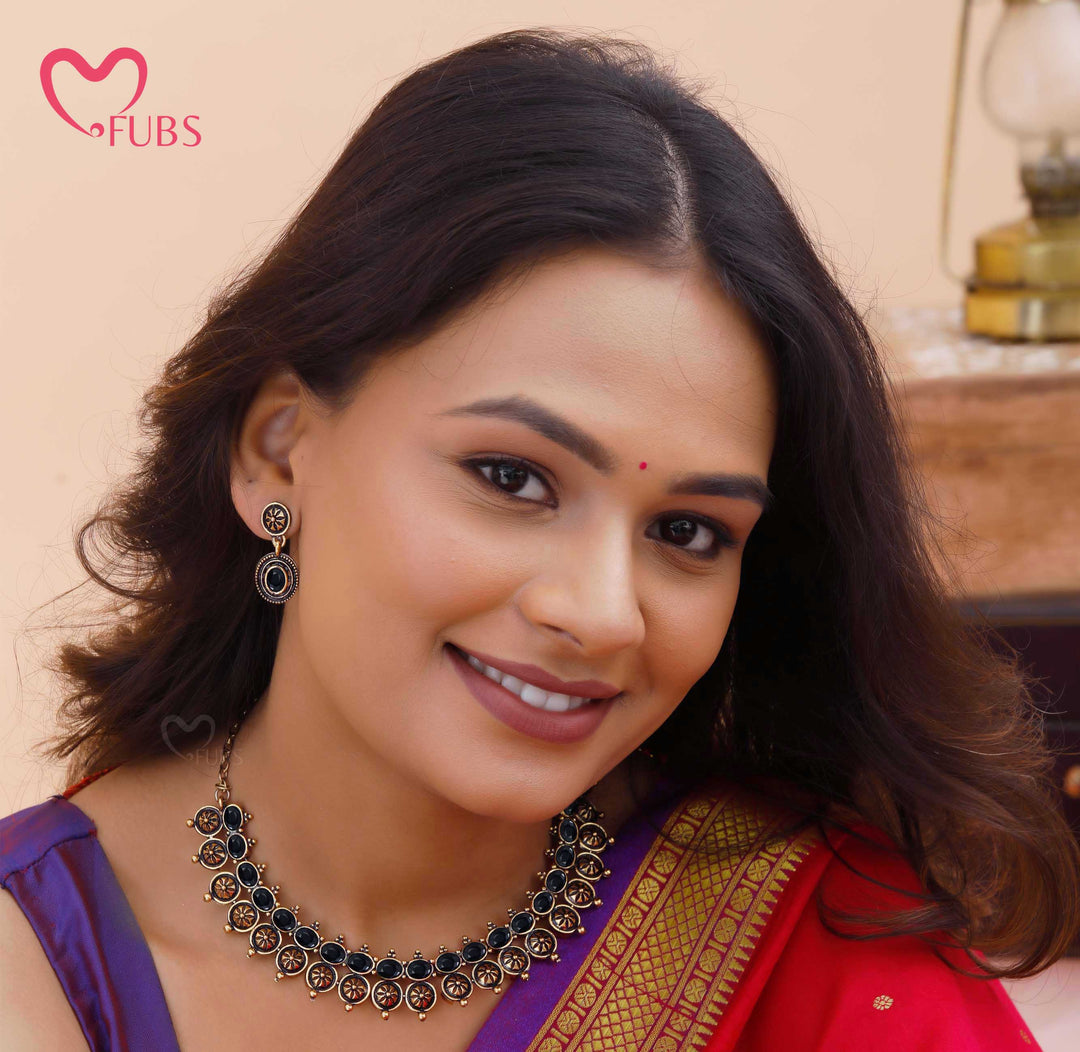 Oxidized Motif Necklace Set with Earrings