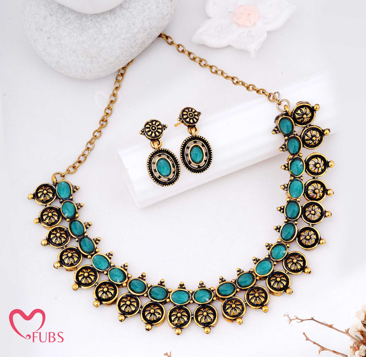 Oxidized Motif Necklace Set with Earrings