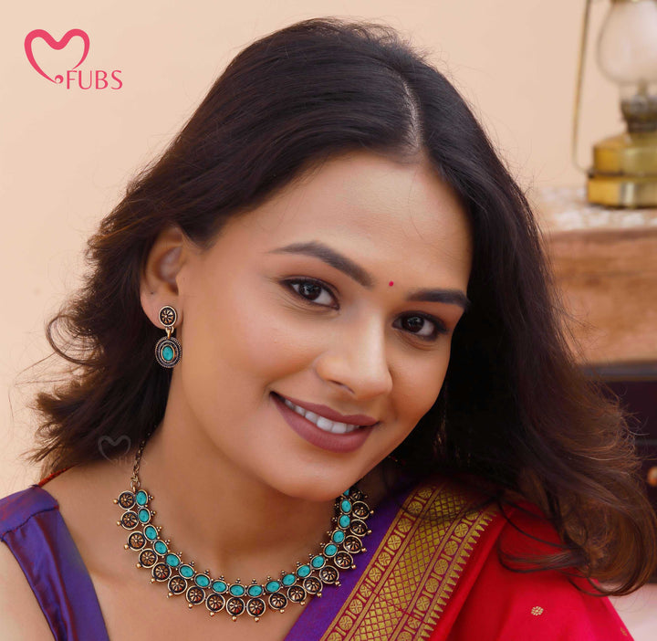 Oxidized Motif Necklace Set with Earrings