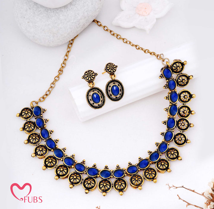 Oxidized Motif Necklace Set with Earrings