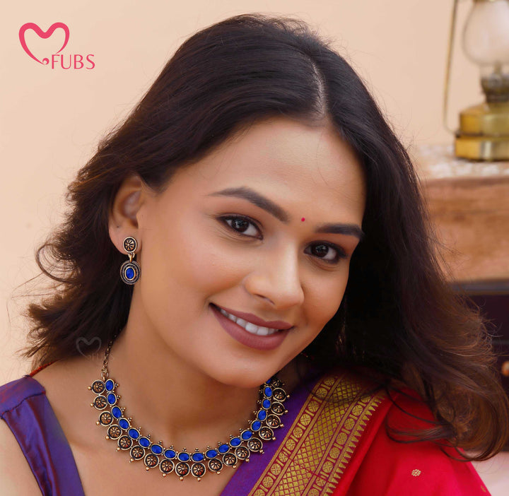 Oxidized Motif Necklace Set with Earrings