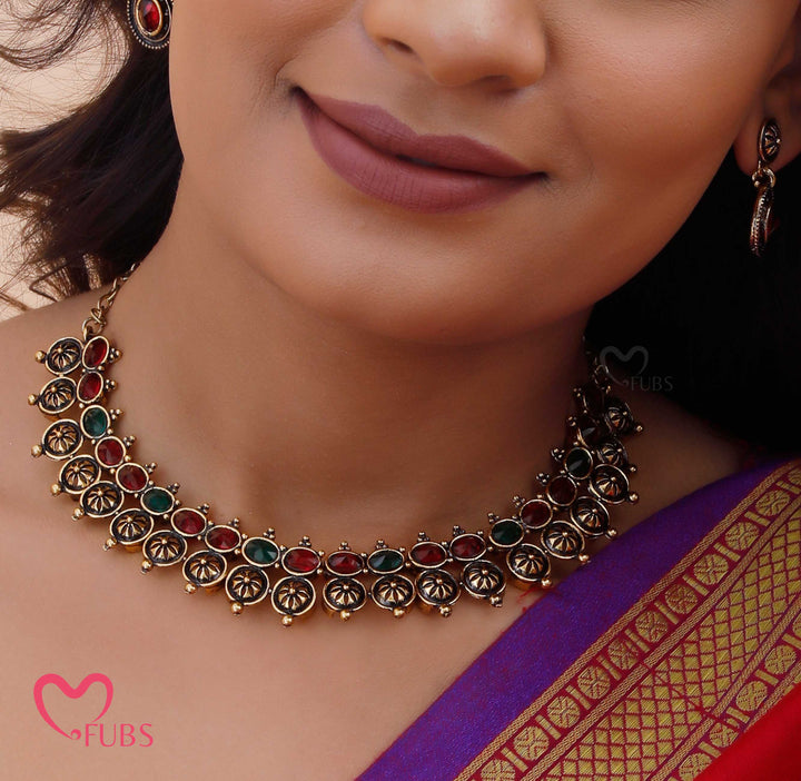 Oxidized Motif Necklace Set with Earrings