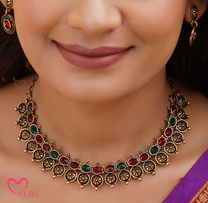 Oxidized Motif Necklace Set with Earrings