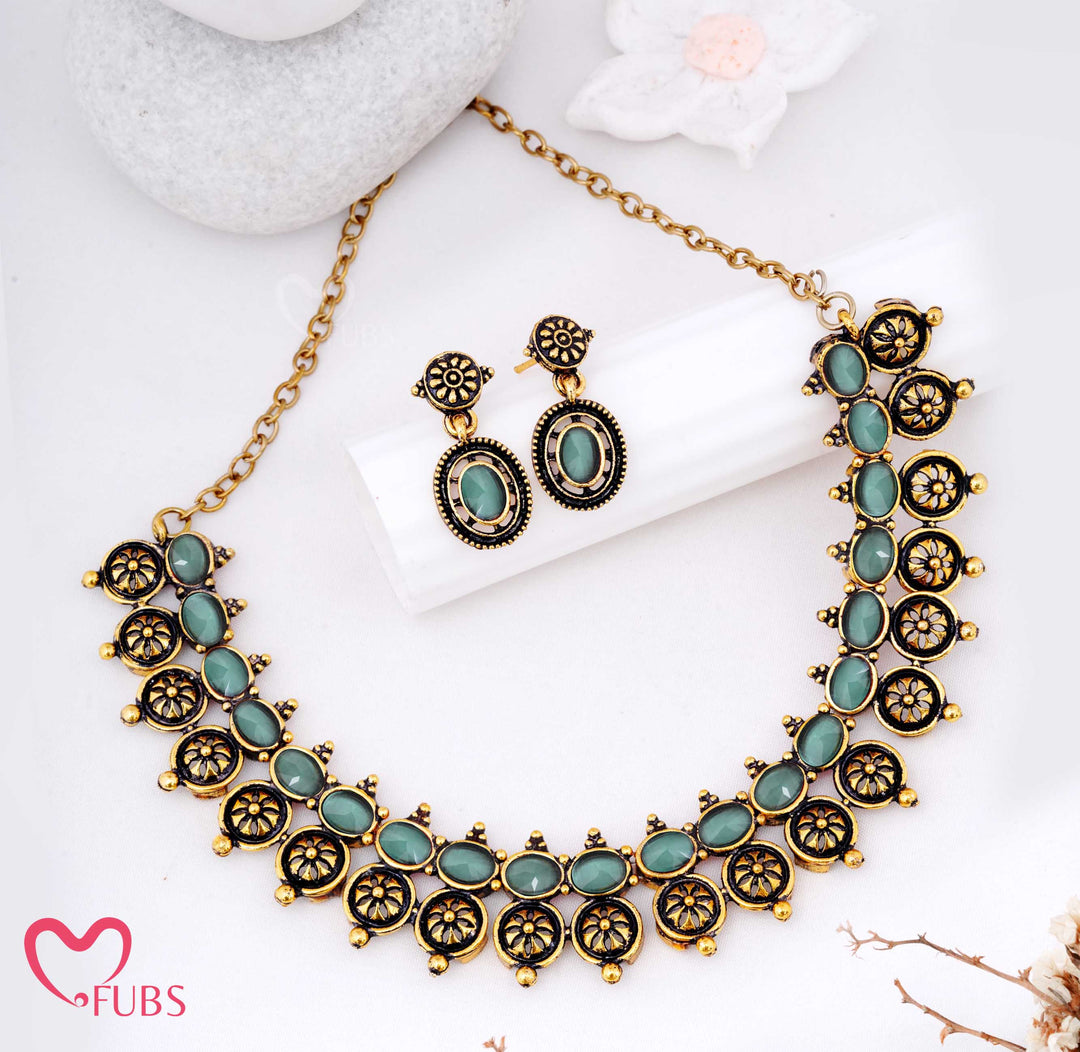 Oxidized Motif Necklace Set with Earrings