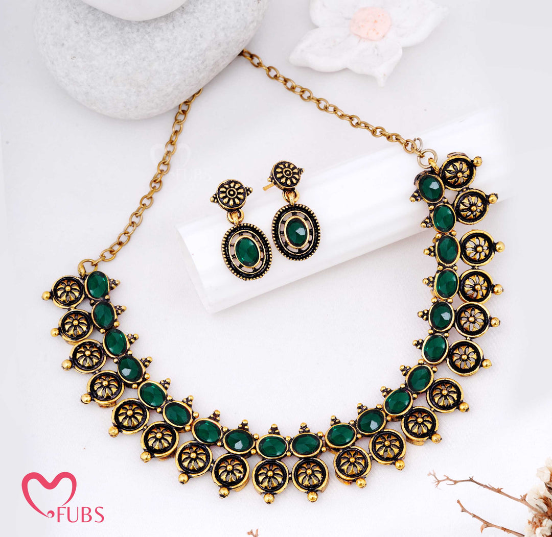 Oxidized Motif Necklace Set with Earrings