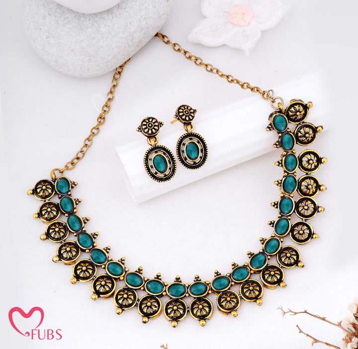 Oxidized Motif Necklace Set with Earrings