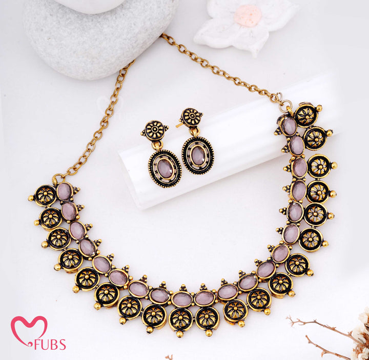 Oxidized Motif Necklace Set with Earrings