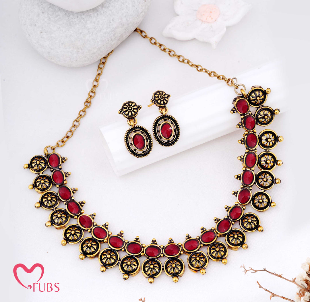 Oxidized Motif Necklace Set with Earrings