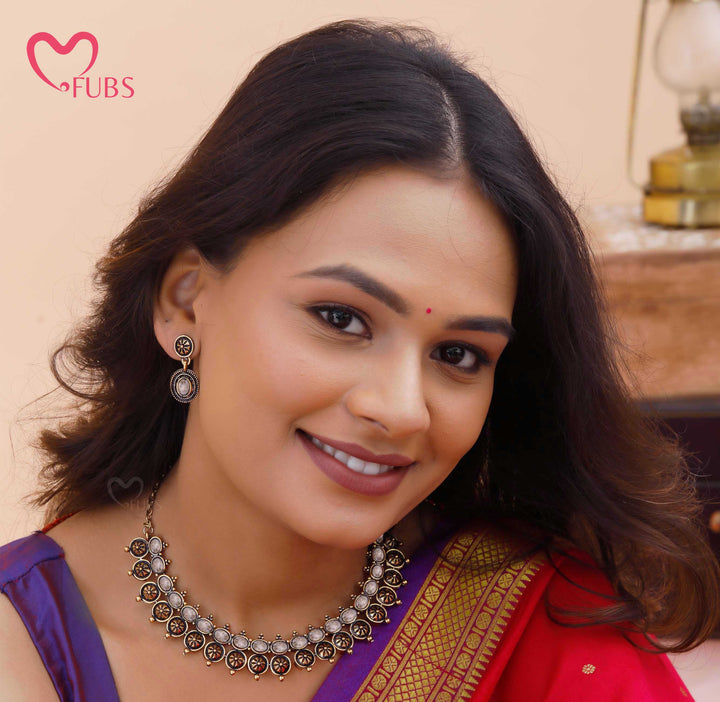 Oxidized Motif Necklace Set with Earrings