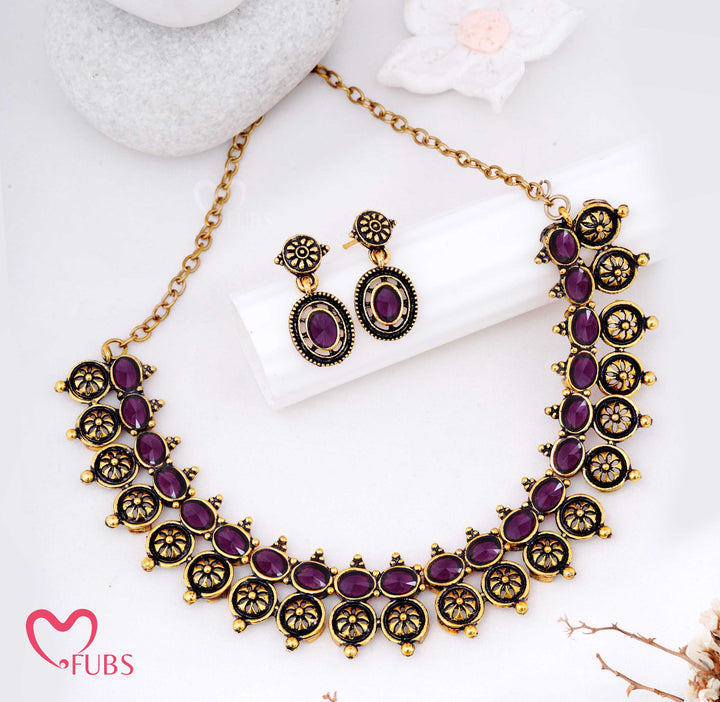 Oxidized Motif Necklace Set with Earrings