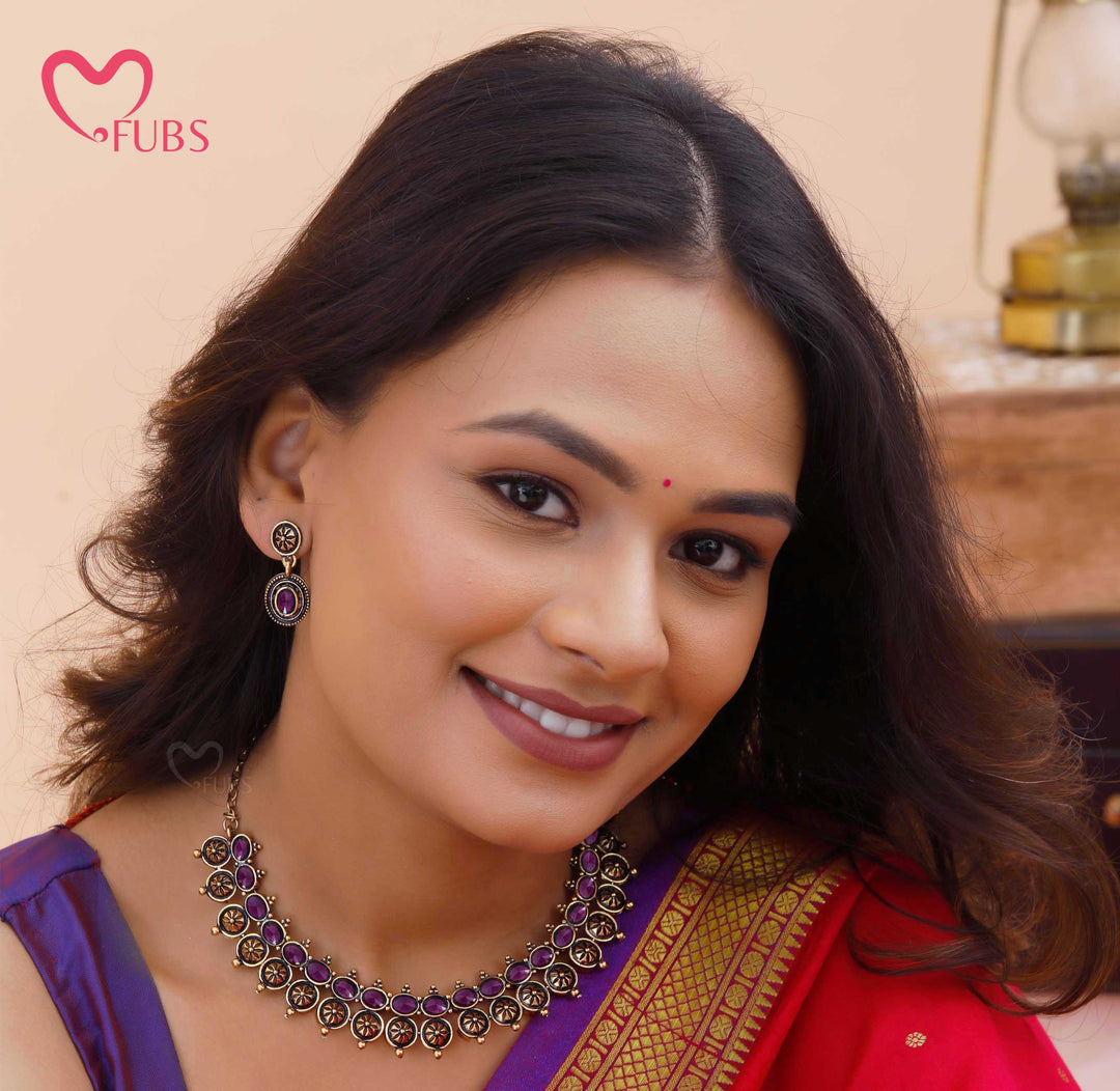 Oxidized Motif Necklace Set with Earrings