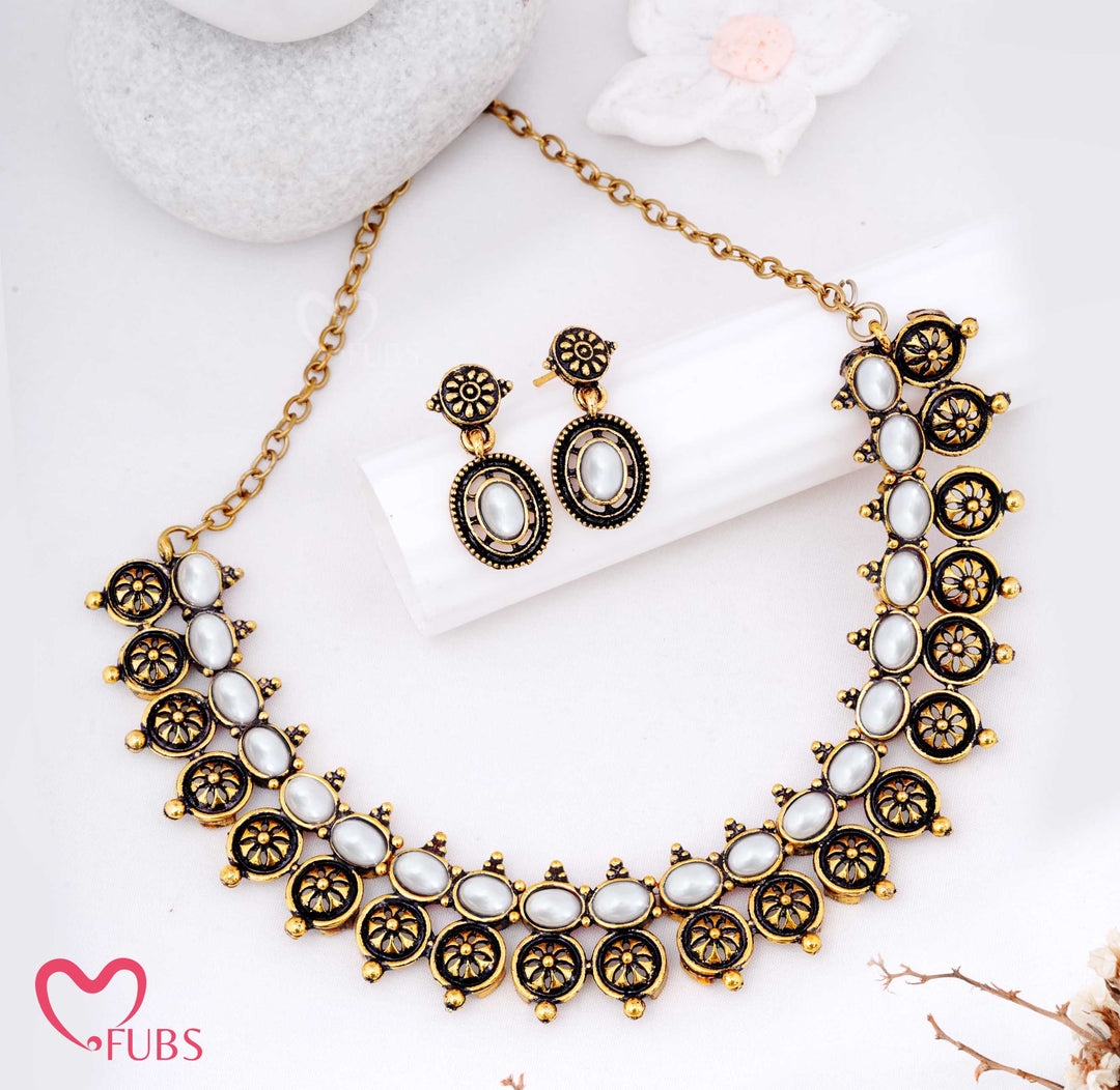 Oxidized Motif Necklace Set with Earrings