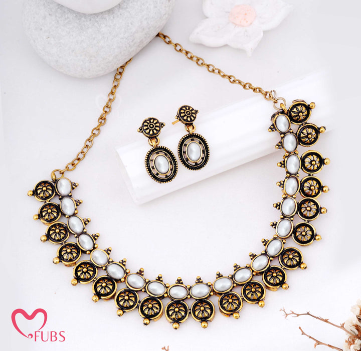 Oxidized Motif Necklace Set with Earrings