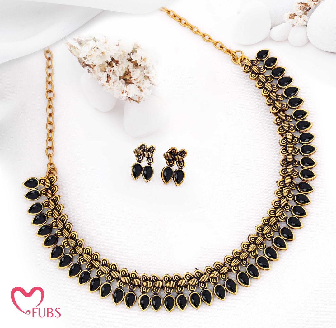 Oxidized Teardrop Necklace Set with Earrings