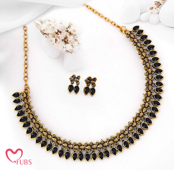 Oxidized Teardrop Necklace Set with Earrings