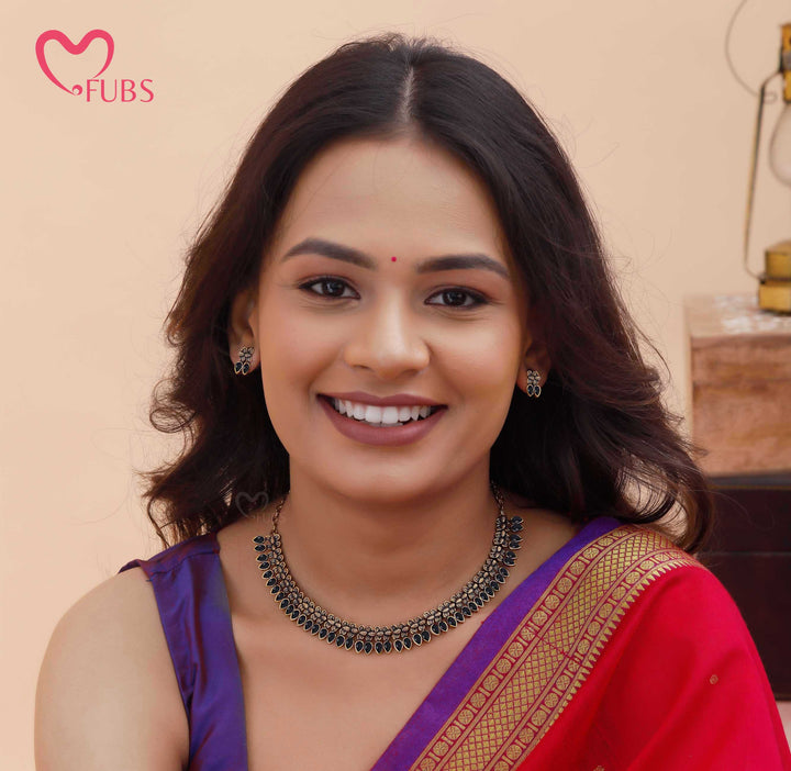 Oxidized Teardrop Necklace Set with Earrings