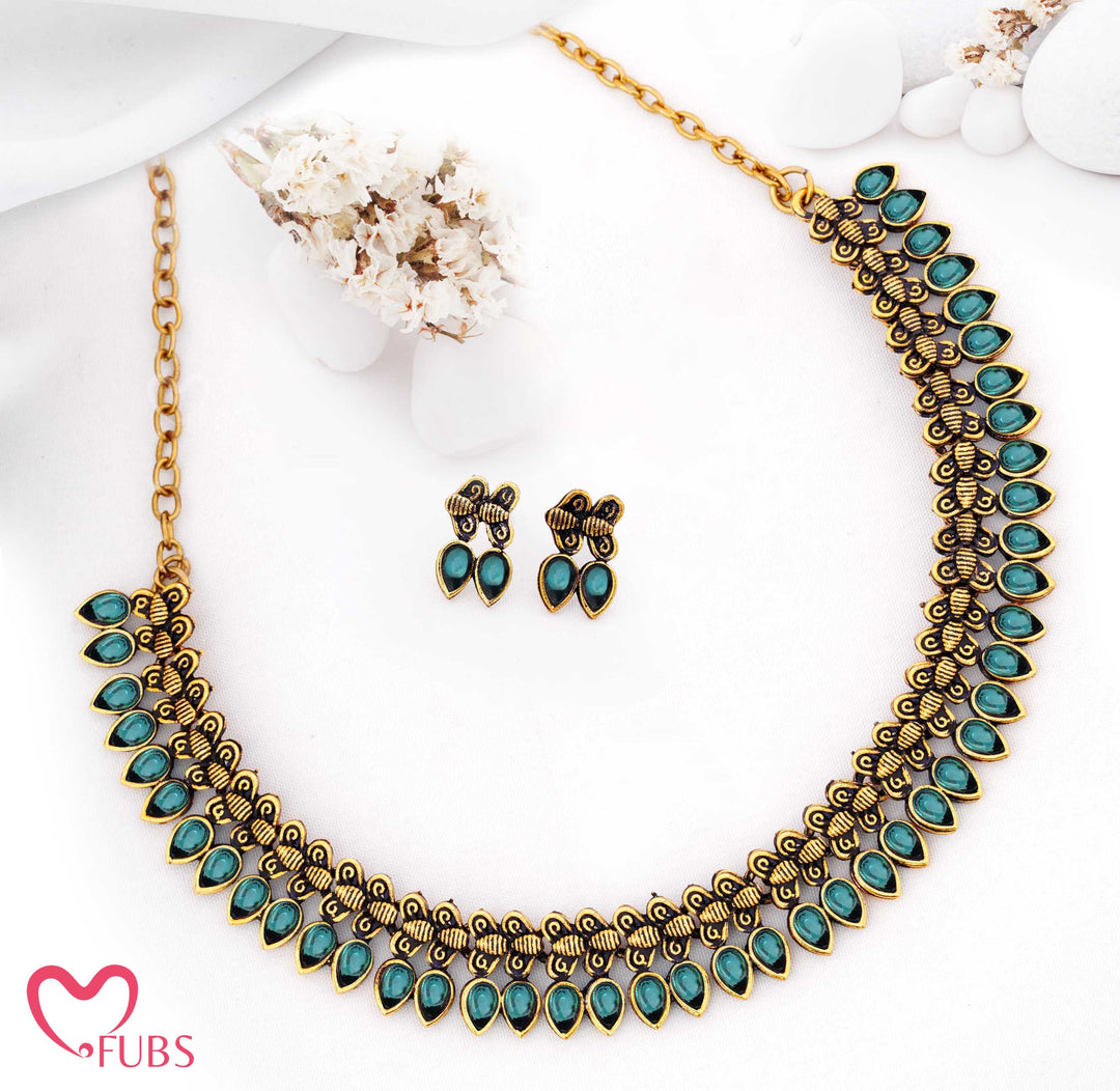 Oxidized Teardrop Necklace Set with Earrings