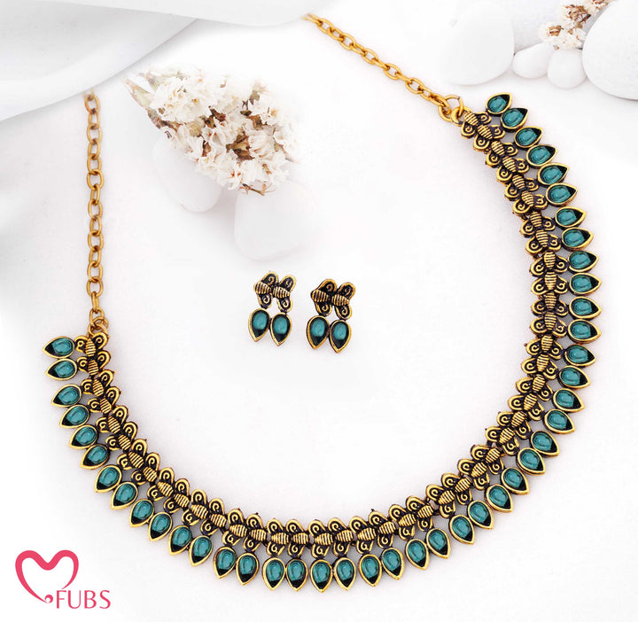 Oxidized Teardrop Necklace Set with Earrings