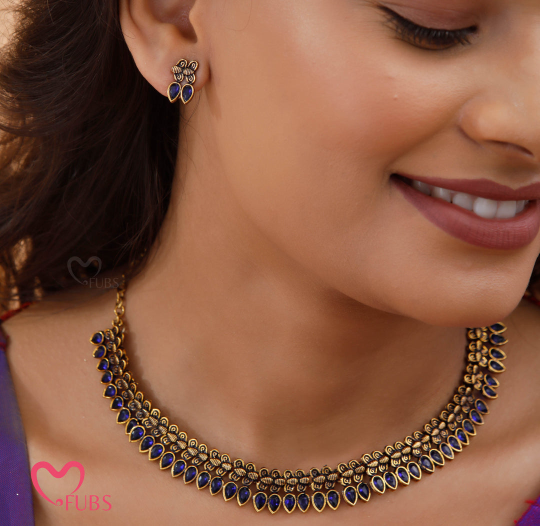 Oxidized Teardrop Necklace Set with Earrings