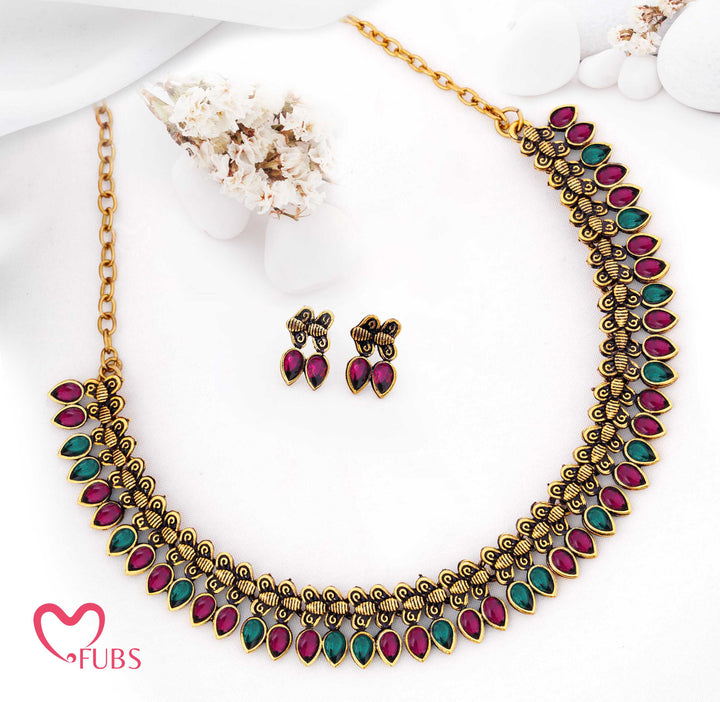 Oxidized Teardrop Necklace Set with Earrings