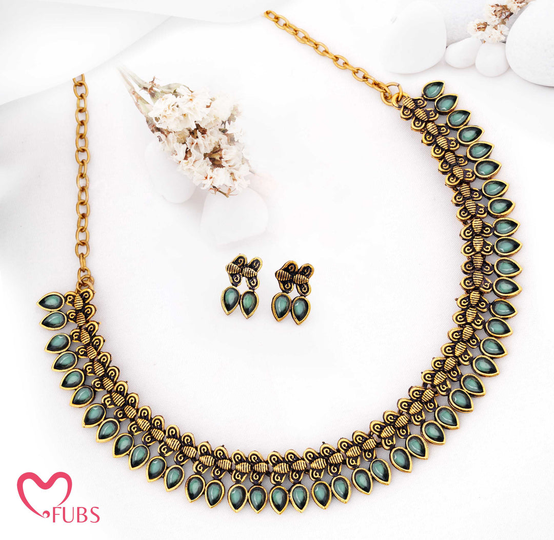 Oxidized Teardrop Necklace Set with Earrings