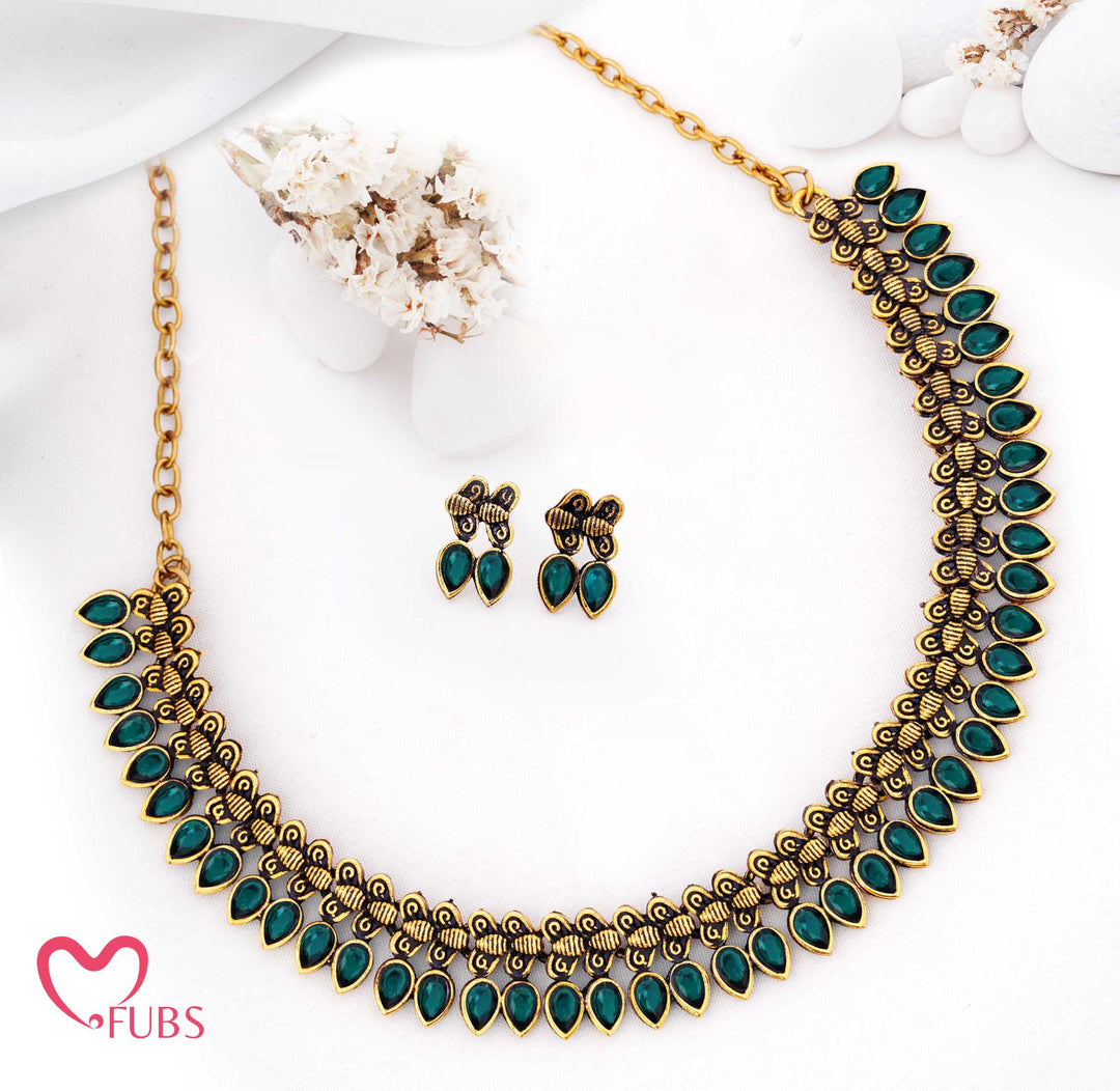 Oxidized Teardrop Necklace Set with Earrings