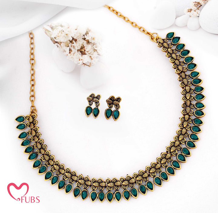 Oxidized Teardrop Necklace Set with Earrings