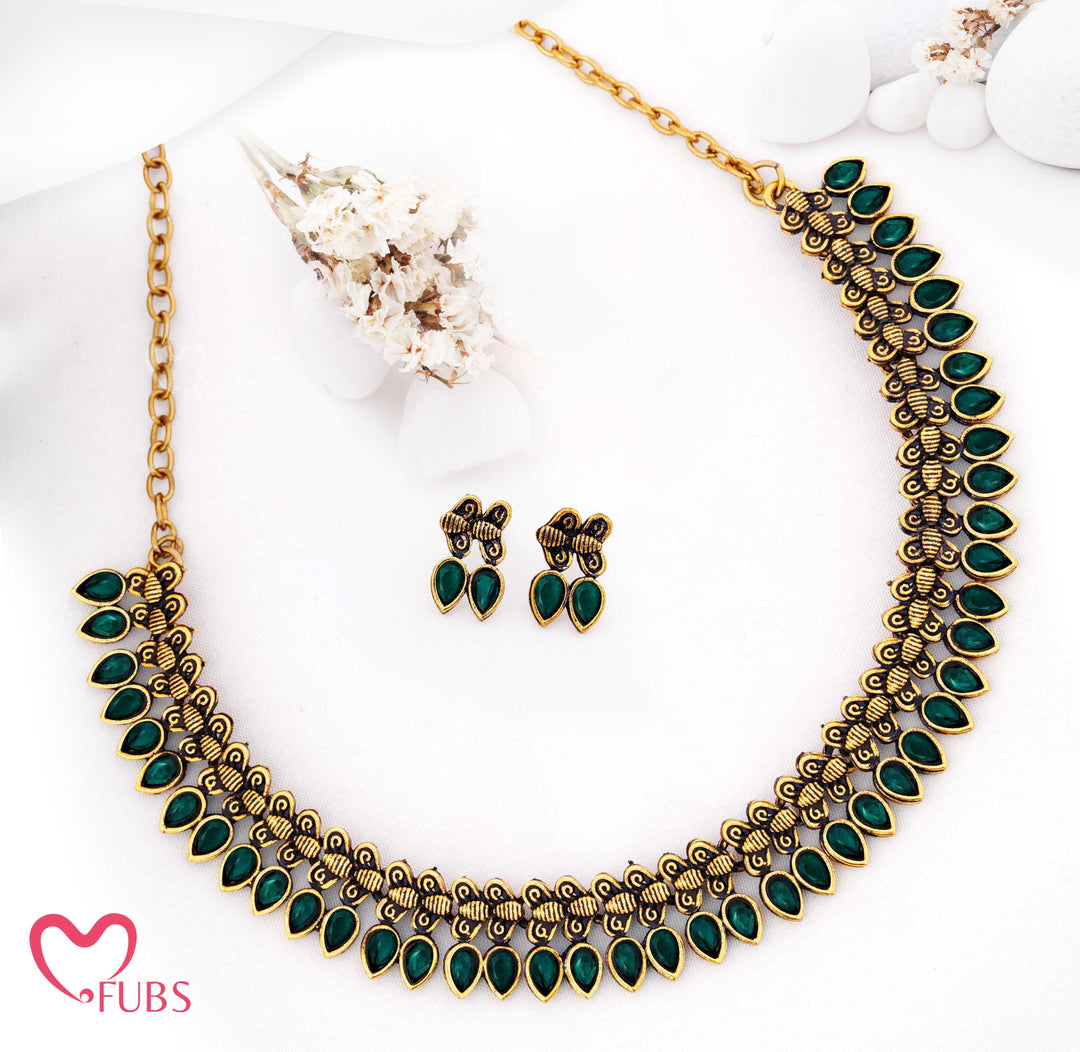 Oxidized Teardrop Necklace Set with Earrings