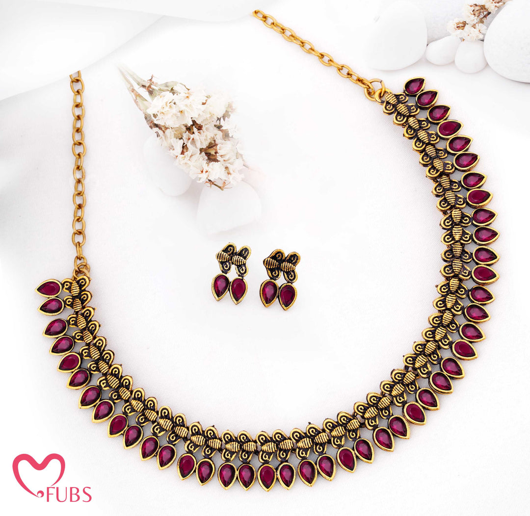 Oxidized Teardrop Necklace Set with Earrings